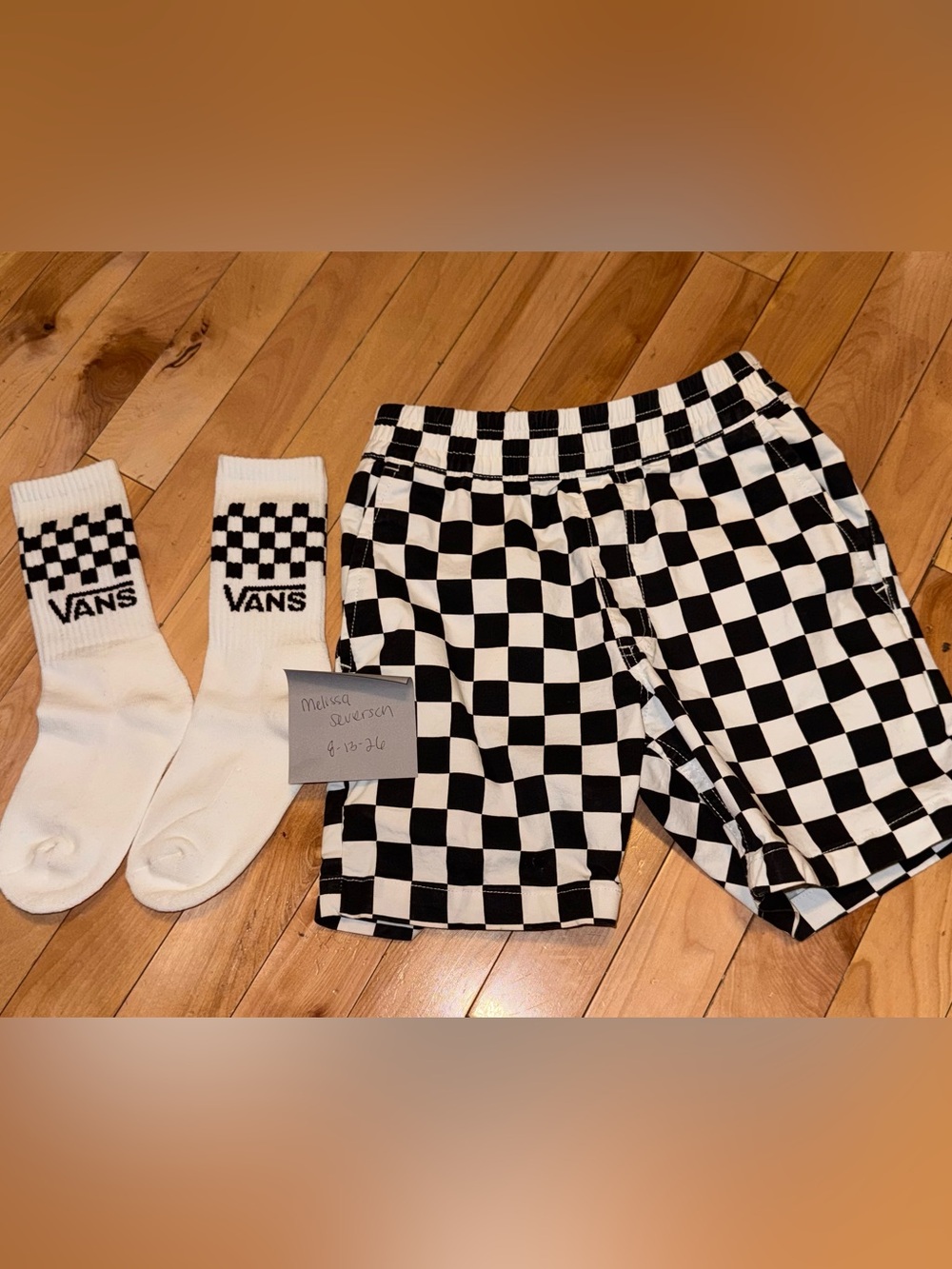 Vans Little Kids Range Elastic Checkerboard Shorts and Socks.